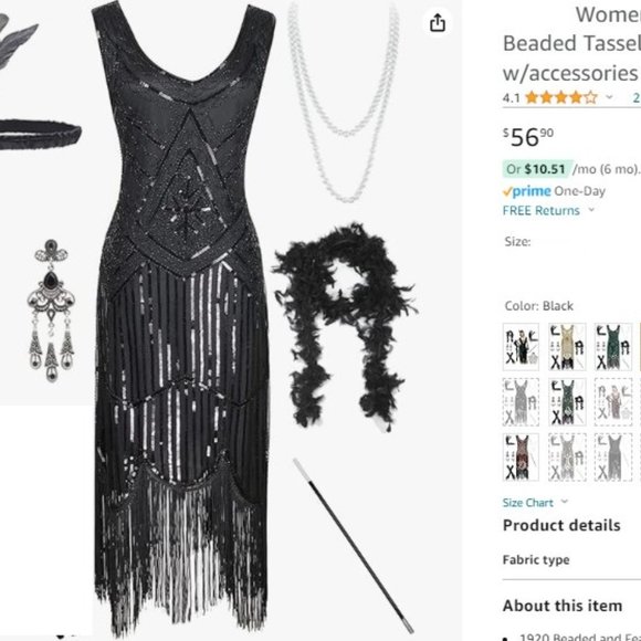 Women's Vintage 1920's Sequin Beaded Tassels Hem Flapper Dress with Accessories - Picture 5 of 7